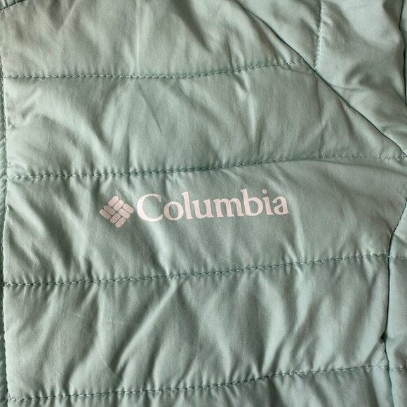 Columbia Girls Size Medium 10/12 Long Length Light Blue Puffer Jacket With Hood - Picture 10 of 11